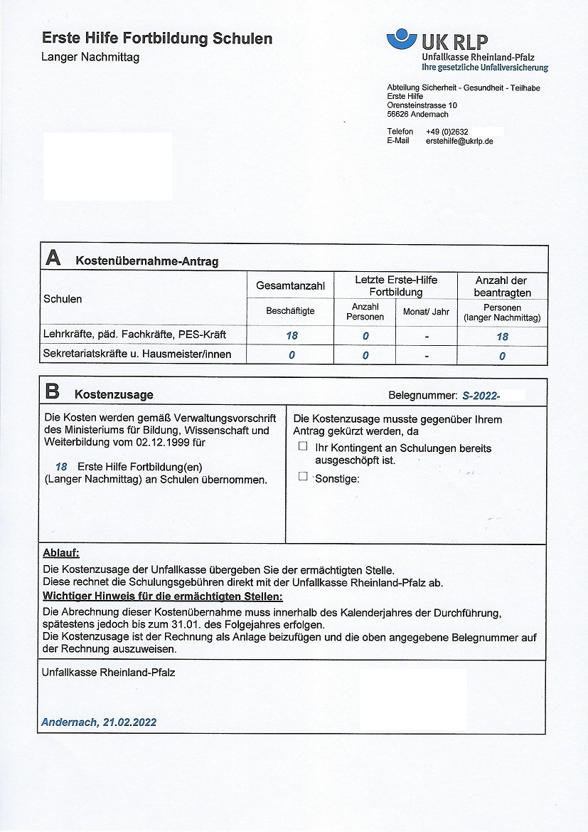 Muster einer Kostenzusage der Unfallkasse Rheinland-Pfalz